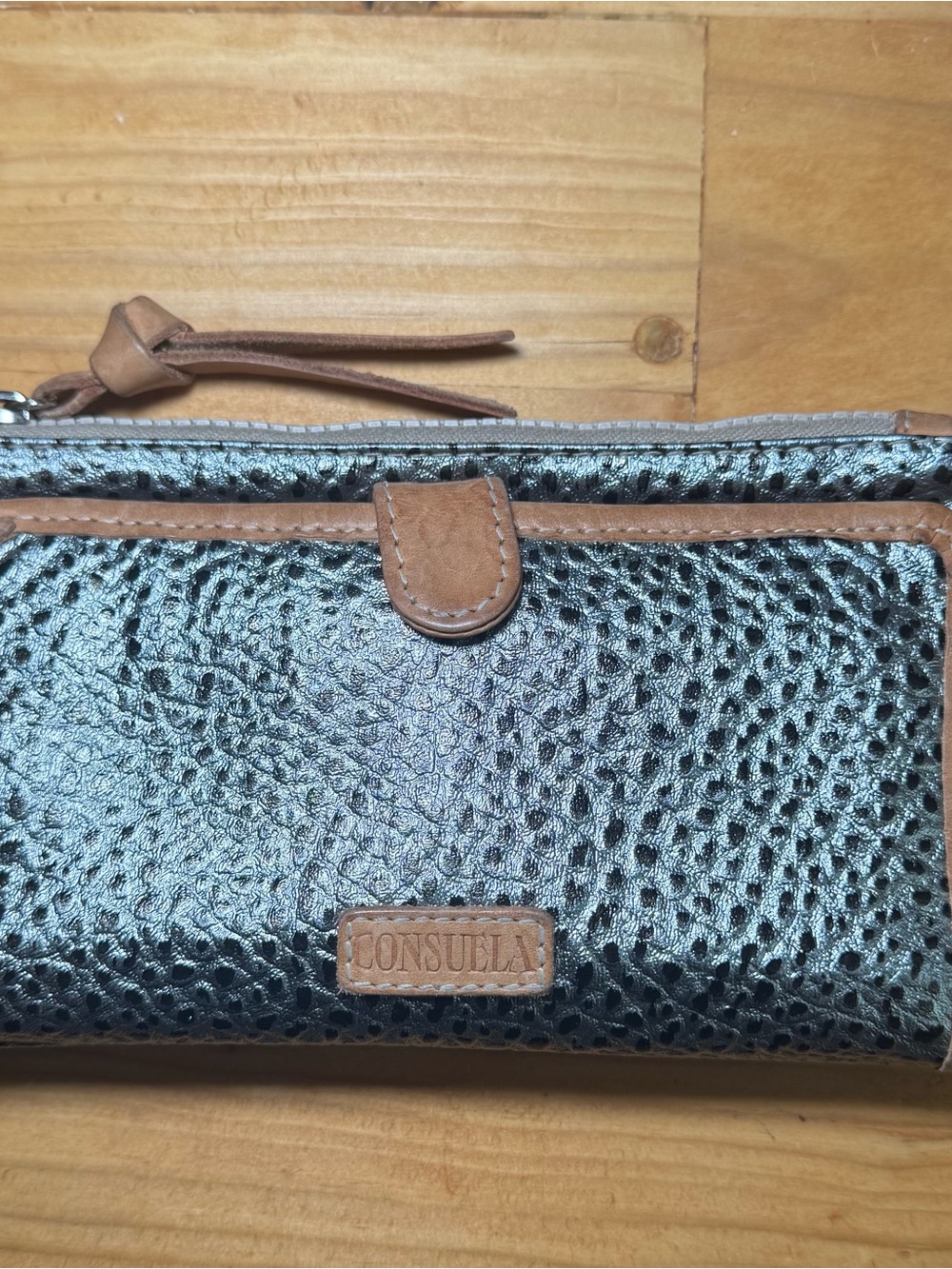 Consuela Black Textured Leather Wallet with Tan Trim